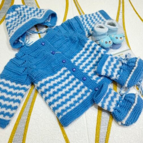 Hand Knitted Extra Soft Baby Wool - Blue + White